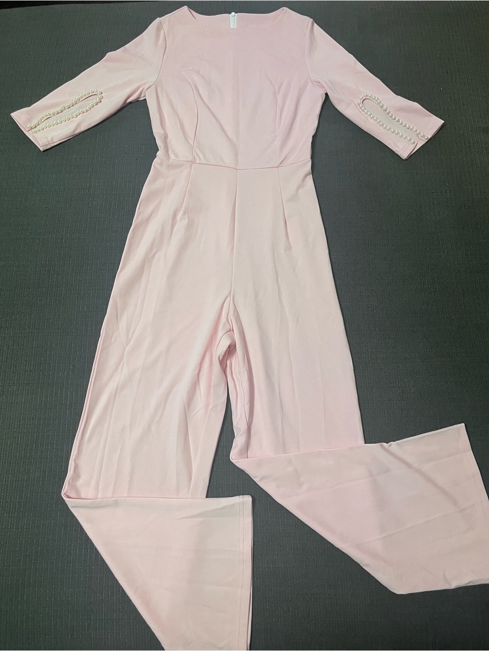Sleeved Pink Jumpsuit with Pearl Trim